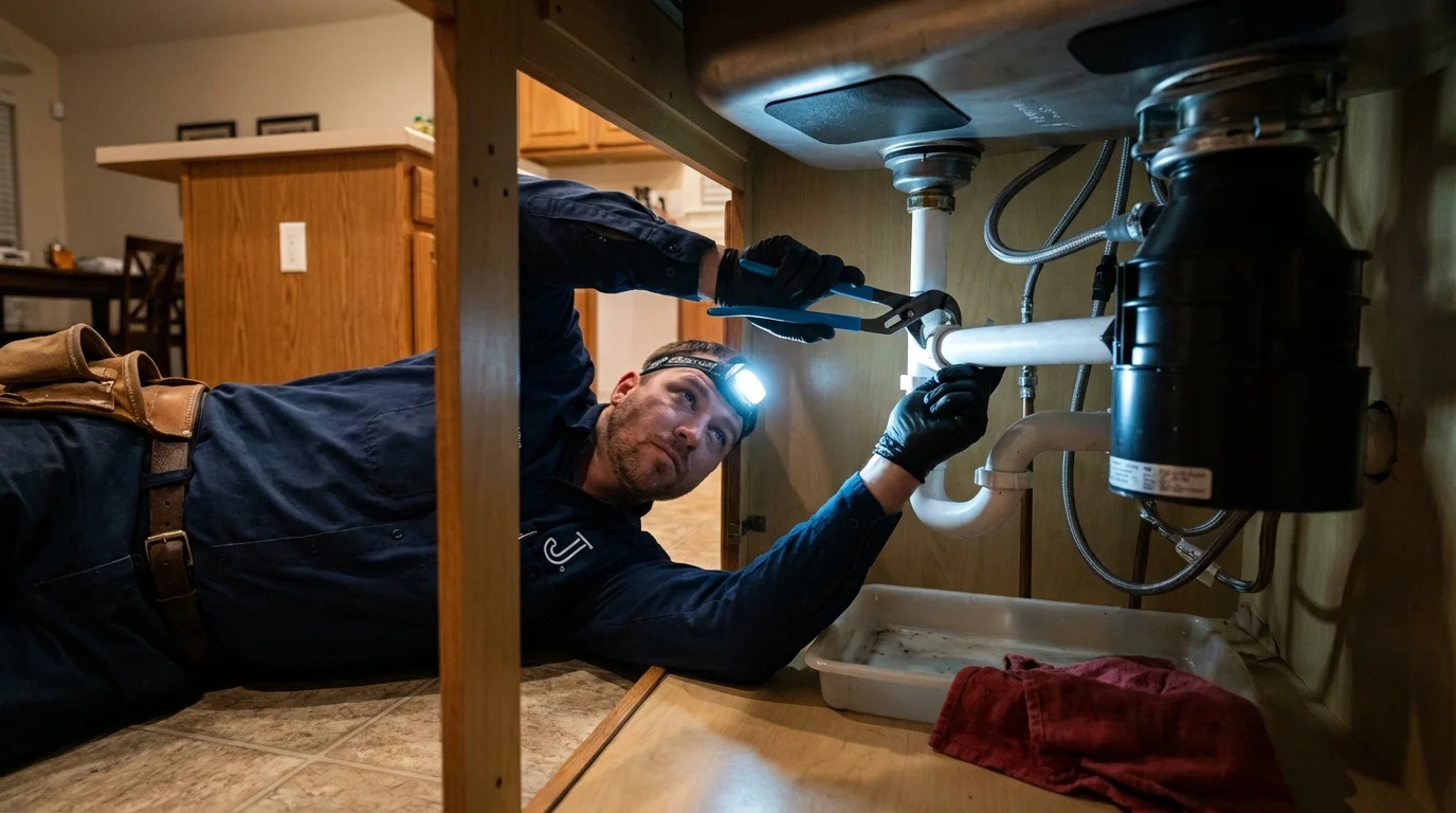 P-trap and supply line connections under a kitchen sink showing a common leak point in Islip, NY